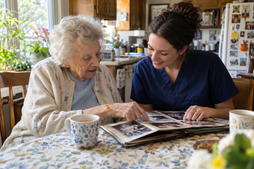 Caregiver and senior looking through a family photo album together